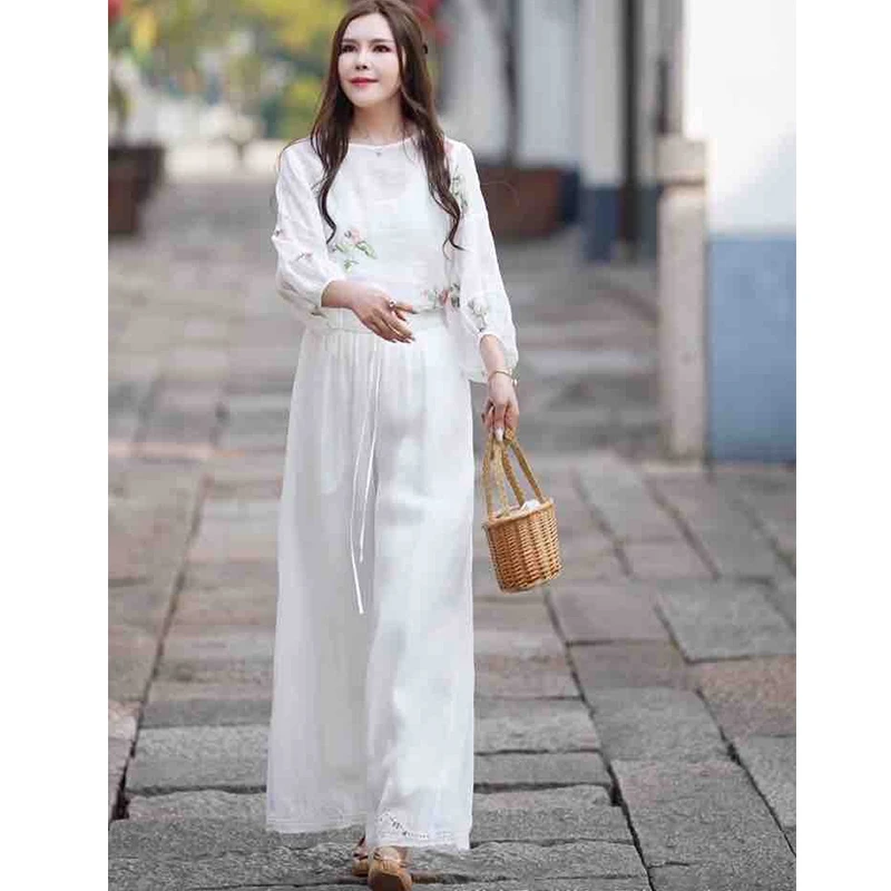 复古双层苎麻内里包边裤脚刺绣休闲裤女文艺大码显瘦百搭直筒裤