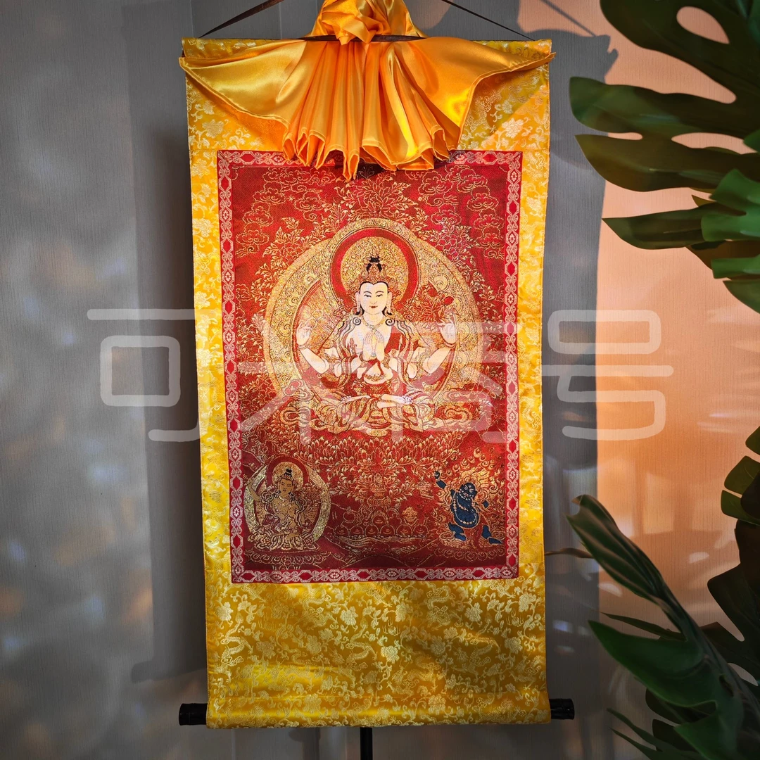 原创布艺纯手缝【四臂-红唐】织锦刺绣画心 成品50*99cm（±2cm）