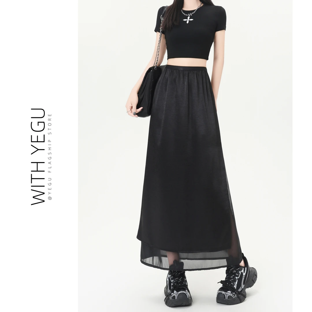 复古醋酸缎面半身裙女夏薄款高腰开叉a字裙高级感网纱拼接直筒裙