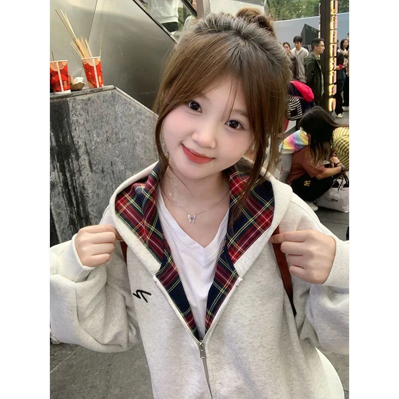 拉链格子慵懒风拼接刺绣连帽宽松卫衣复古制服设计感长袖假两件