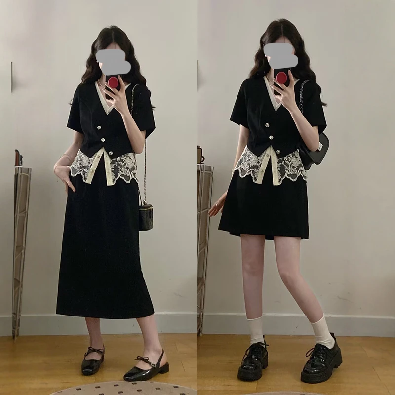 大码气质假两件上衣裙子两件套女装2025新款胖mm遮肉显瘦时尚套装