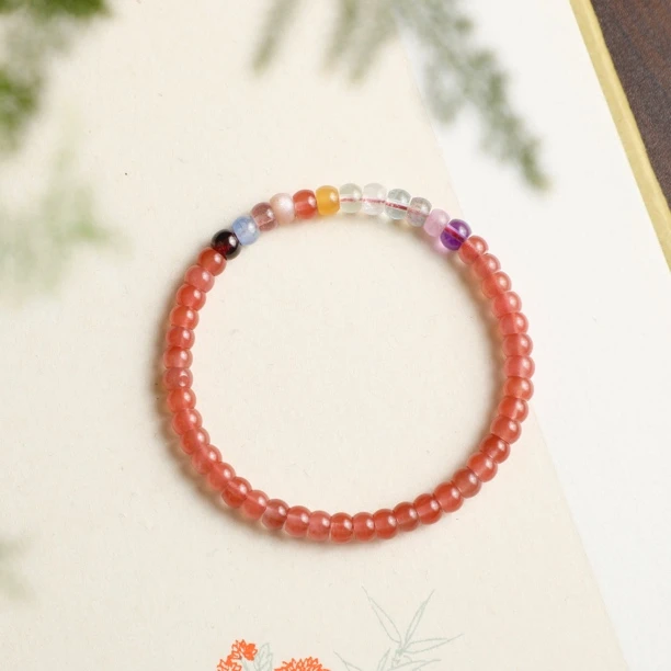 （桃）新中式约5mm冰飘南红直切彩虹单圈手链