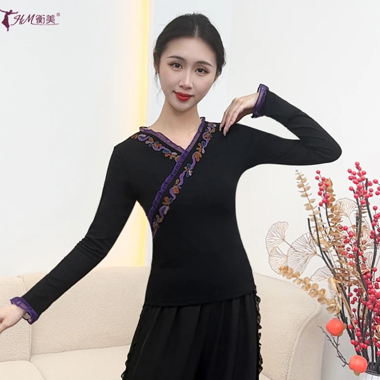 现代舞古典舞练功服拼接花边成人女刺绣修身广场舞服2025秋冬新款