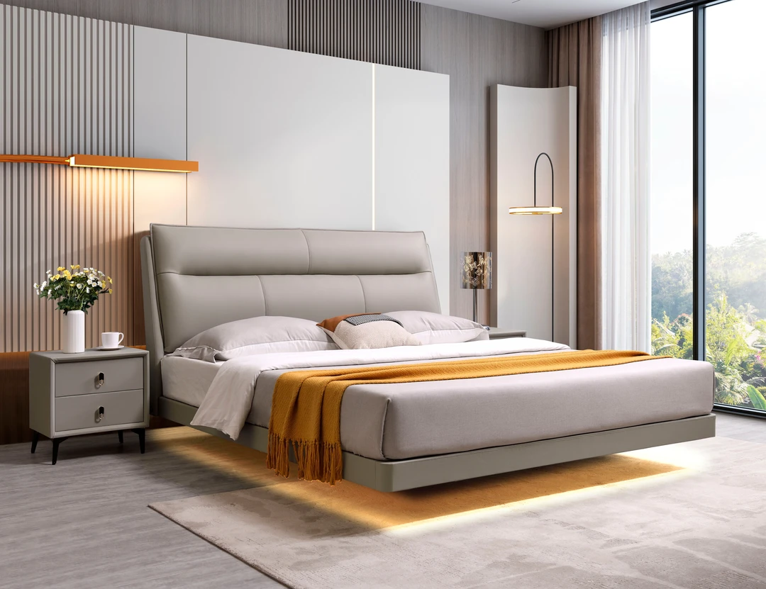 头层牛皮床网红悬浮床真皮床婚床主卧大床双人床软体皮艺 K01#