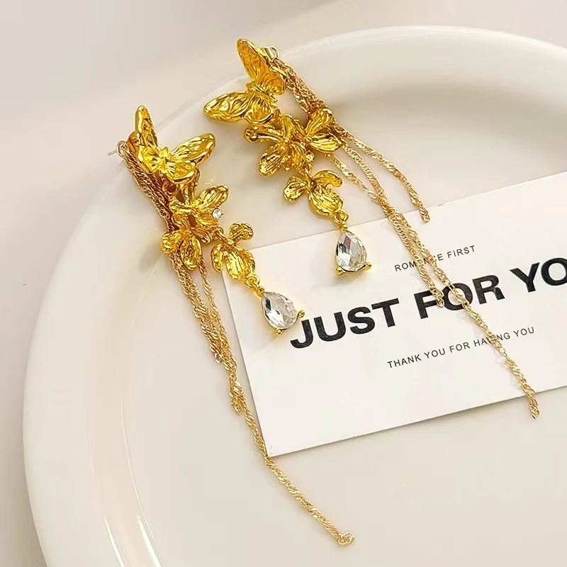 铜合金合成锆石耳饰 轻奢风女金色欧美复古/宫廷-5709耳环长款