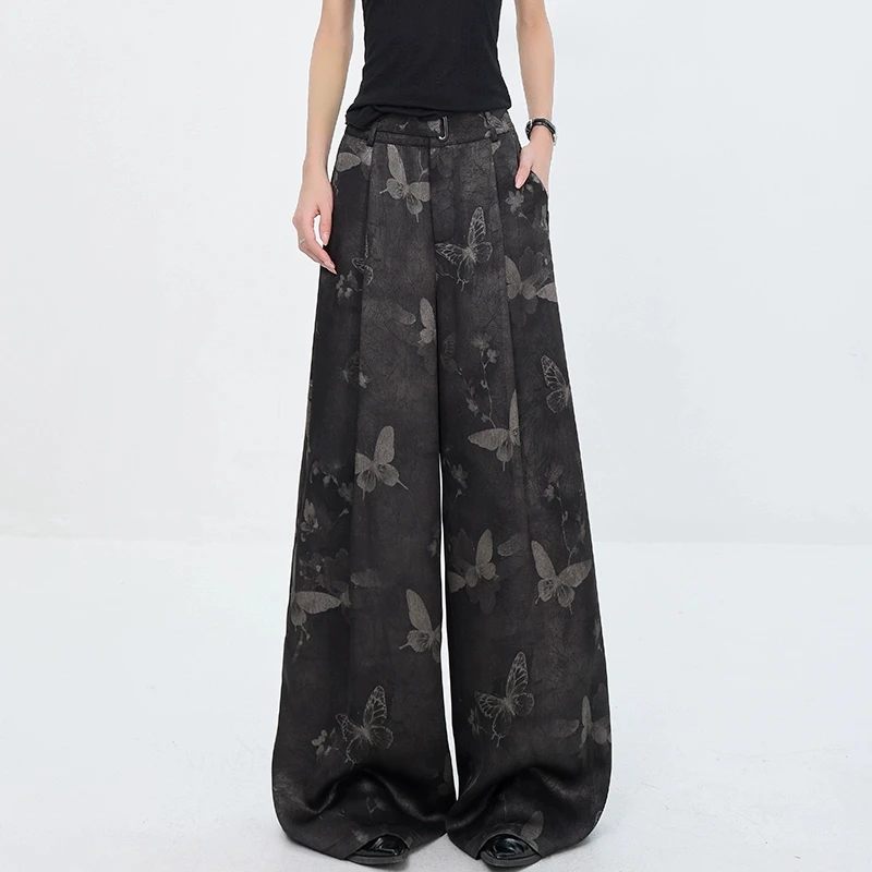 【夏季五折】KEN STUDIO水墨蝴蝶印花醋酸休闲裤女冰丝阔腿裤
