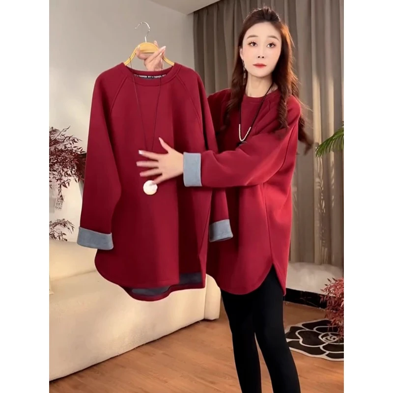 2025年超火别致独特高级感上衣设计感小众红色圆领套头T恤女秋季