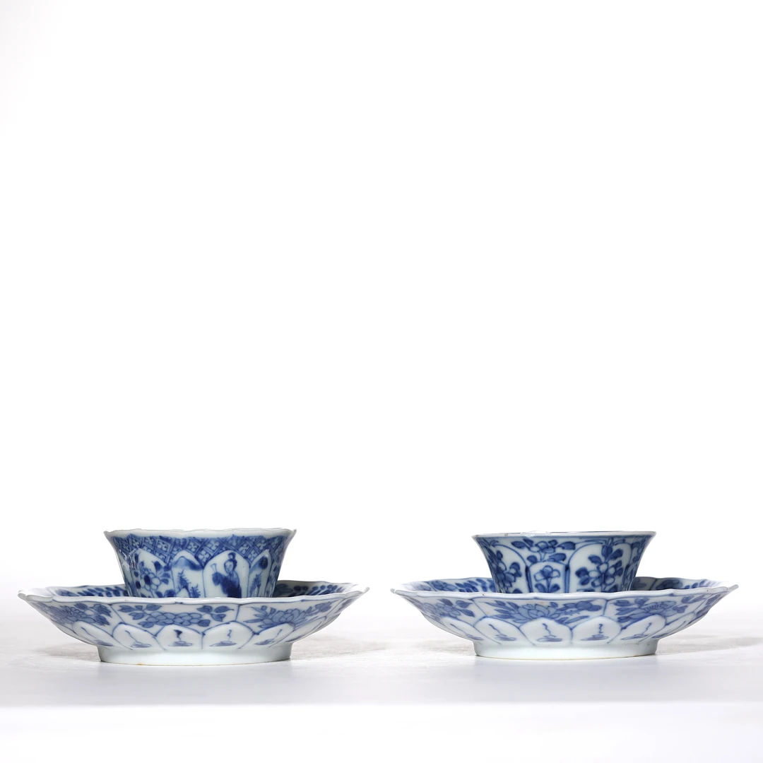 2810清康熙·青花花卉纹杯碟两套【古董拍卖】