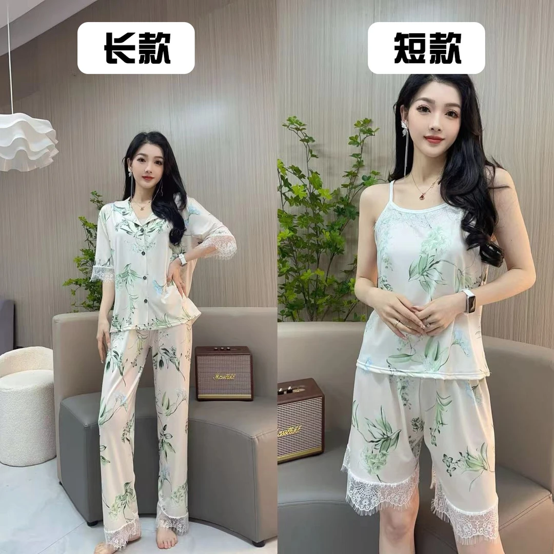 8899春夏新款睡衣女套装套装蕾丝竹叶四件套夏女甜美宽松百塔外穿