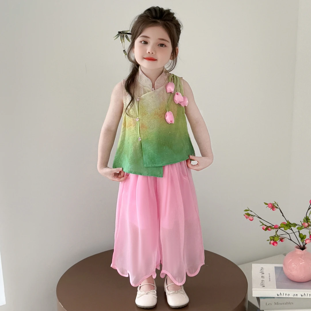 女童新中式套装洋气儿童夏季新款女宝宝阔腿裤国风两件套小女孩潮