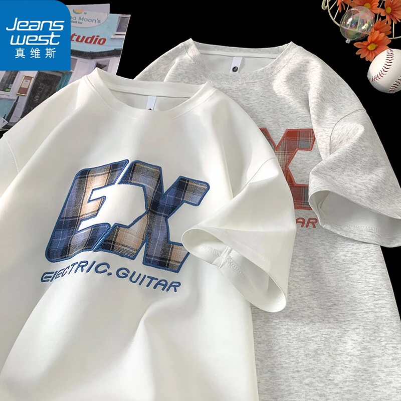 真维斯夏季潮牌贴布刺绣痞帅短袖T恤美式vibe高街大码半袖上衣男