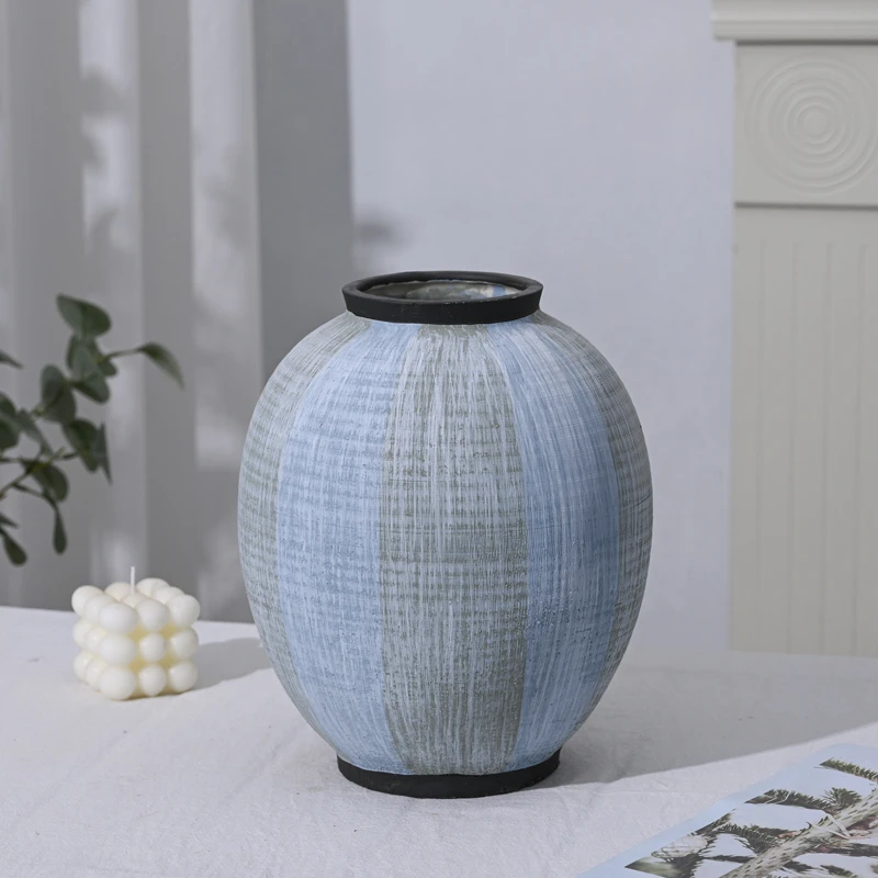 【莫兰迪蓝纹-月亮罐】无孔桌面落地陶瓷花瓶干花鲜花客厅插花花器