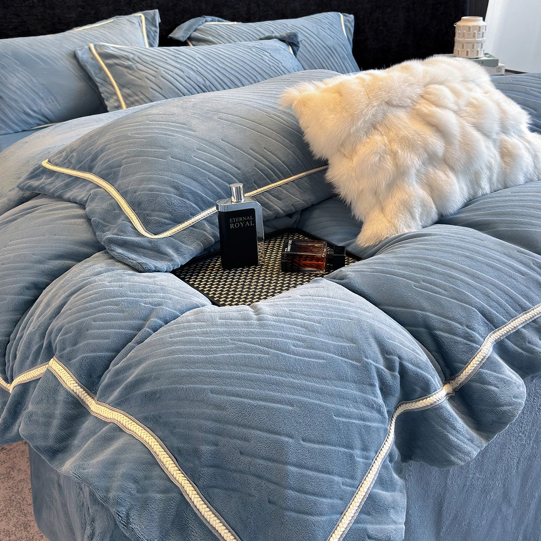 水星高档适用家纺a类母婴级牛奶绒四件套床笠款冬季加厚法兰珊瑚