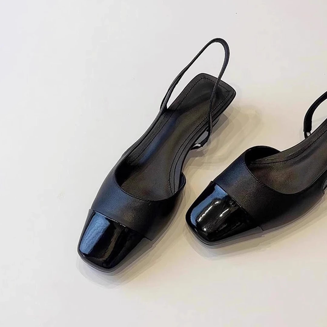 夏2025法式黑色低跟通勤凉鞋女时尚休闲方头后空拼接包头鞋