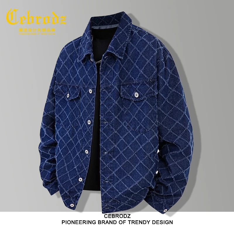 法国Cebrodz透气潮流翻领男款提花复古牛仔夹克百搭春秋季夹克男