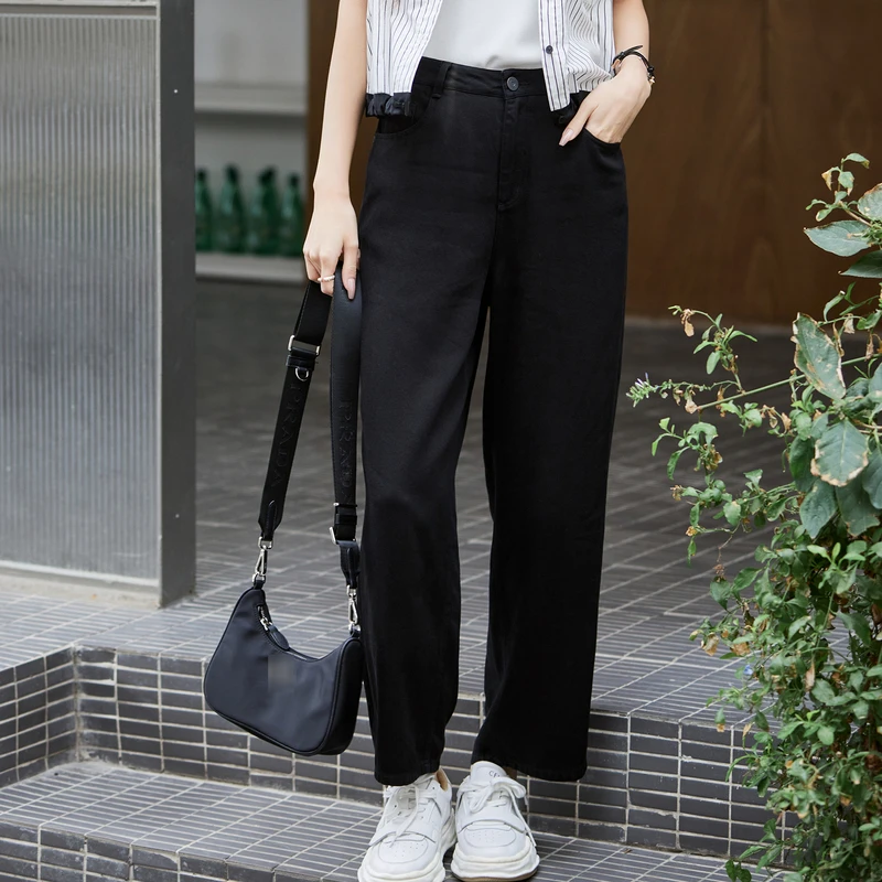 风笛2025夏季新款高腰直筒牛仔裤女显瘦卷边通勤长裤休闲老爹裤