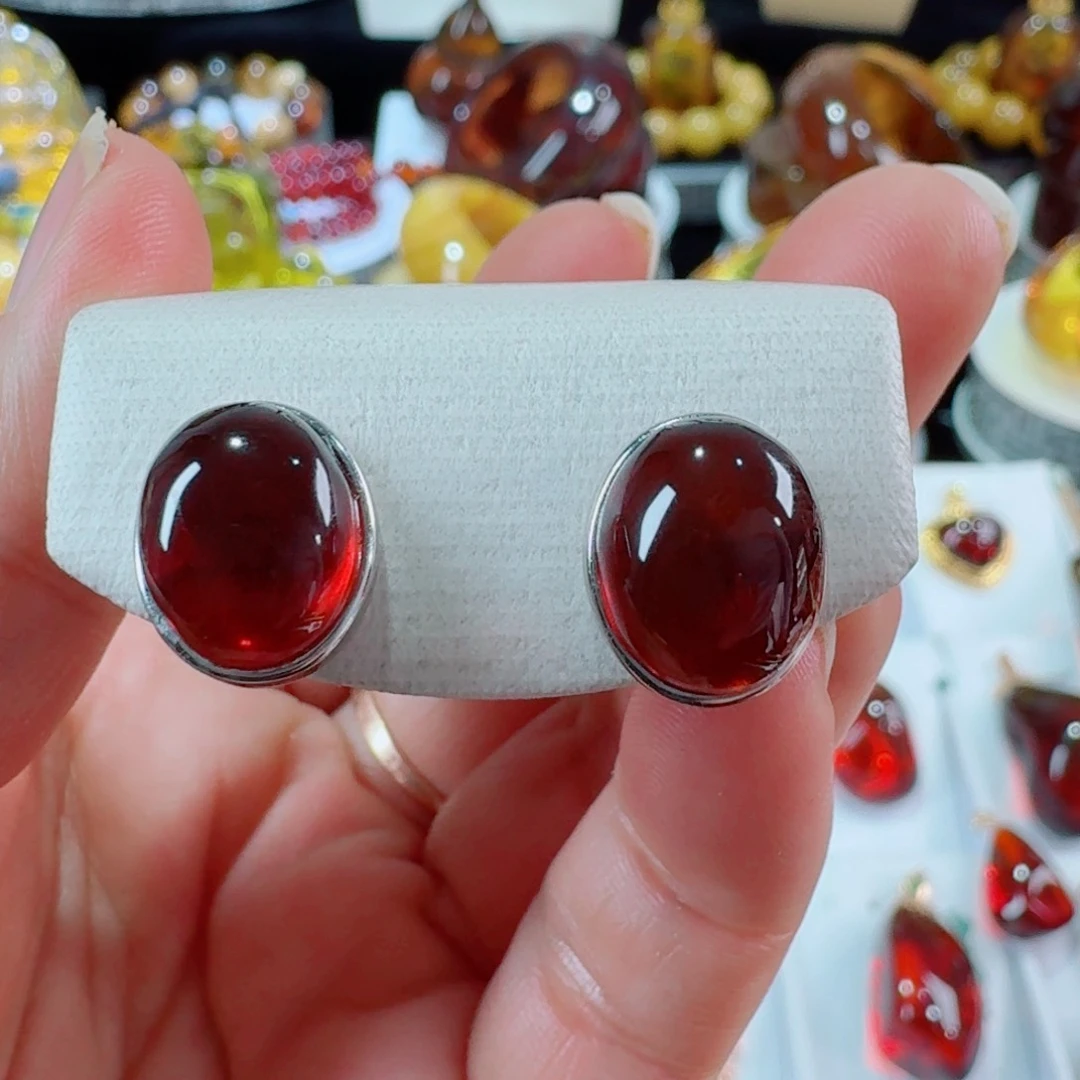 琥珀裸石银S925镶嵌天然缅甸血珀耳钉