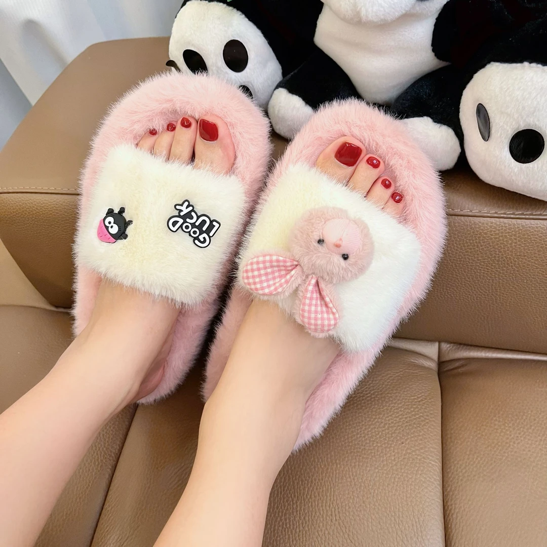 新款厚底平跟注压鞋防滑一字拖外穿春秋网红可爱学生毛绒拖鞋女