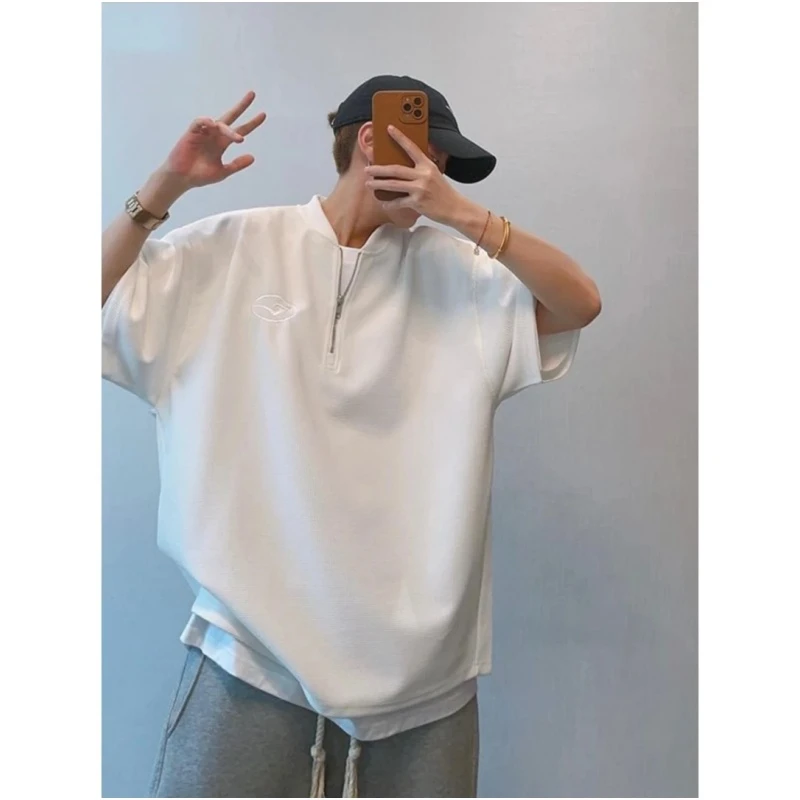 2-300斤特大码半拉链运动短袖T恤夏季男女棒球领洋气潮流宽松上衣