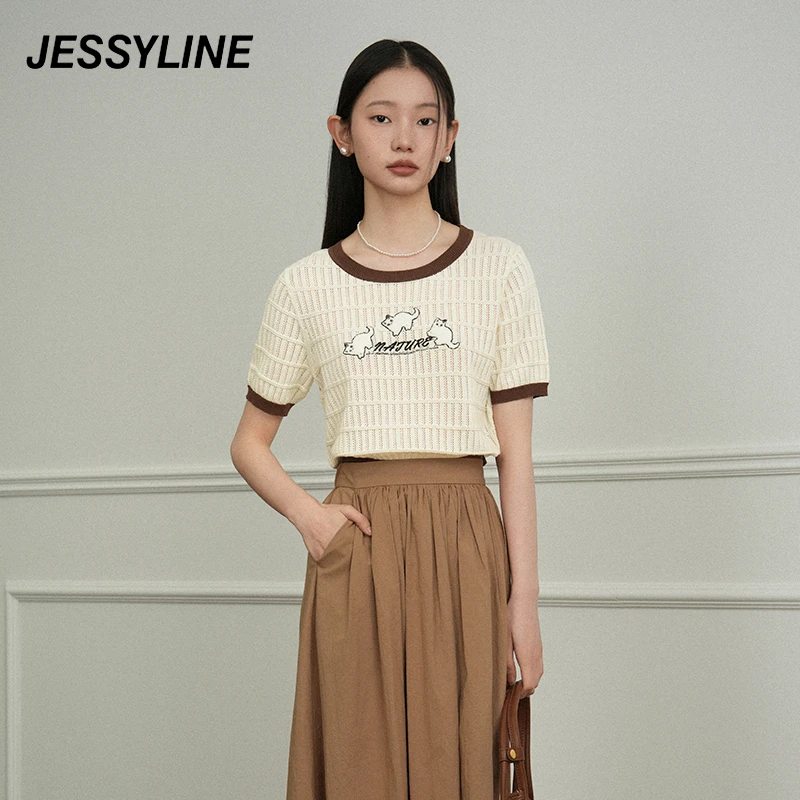 4164【刘一昂专属】jessyline夏季新款 杰茜莱卡通短袖薄款针织衫