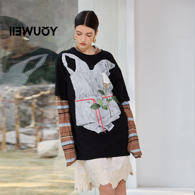 有尾YOUWEI（线上专属）蕾丝玫瑰印花黑色假两件系带短袖TY1125120