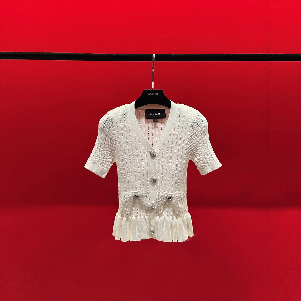 【L.K.BABY】海盐水晶A  法式气质蝴蝶结荷叶边镂空纹理短袖上衣