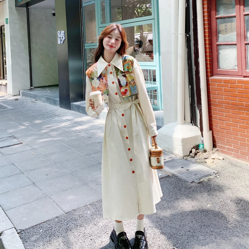 假两件油画印花连衣裙2025春秋新款复古韩系ins风可盐可甜衬衫裙