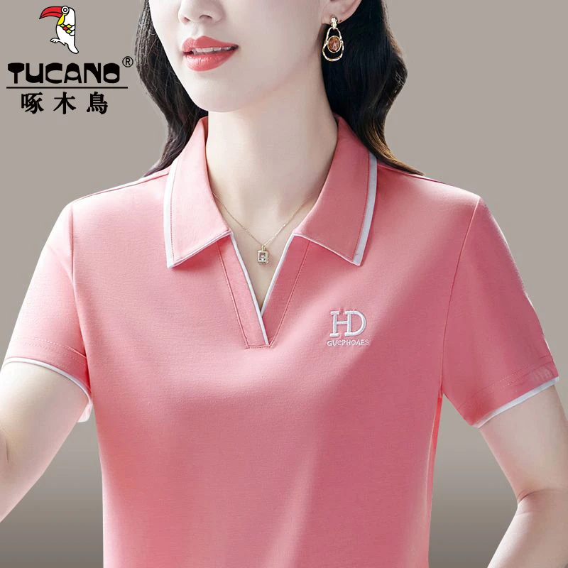 啄木鸟中年妈妈t恤女夏短袖新款遮肚显瘦休闲运动翻领POLO衫上衣
