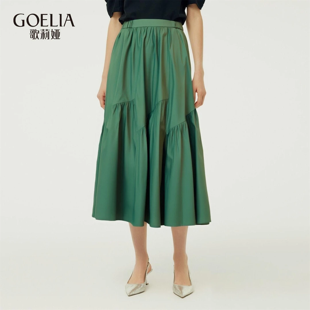 【福利款】歌莉娅夏季伞摆棉布半截裙绿色高腰显瘦出游1E3R2B23B