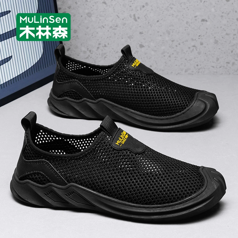 木林森男鞋秋季透气薄款镂空网鞋一脚蹬涉水溯溪鞋老北京休闲布鞋