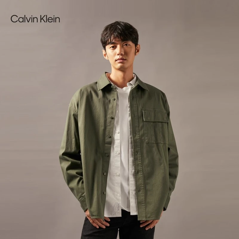 CK Jeans春秋男女复古工装风贴袋印花休闲通勤长袖衬衫