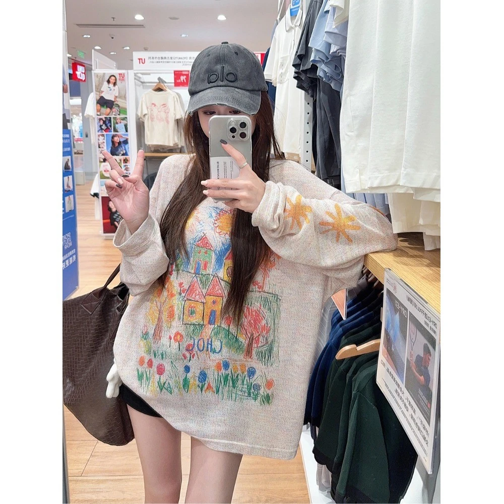 美式胖m趣味涂鸦印花长袖T恤女夏季设计感小众宽松显瘦大码上衣