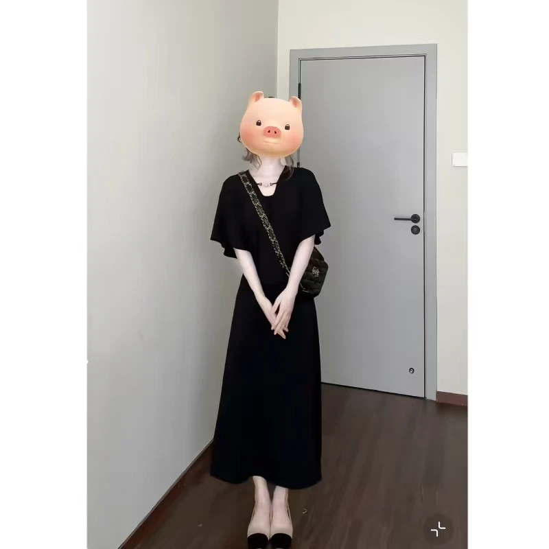 【朵拉】大码凉感针织连衣裙女夏季蝙蝠袖收腰慵懒宽松气质长裙子