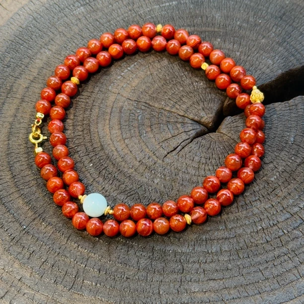 【沐姐珠宝】川料南红牛血红6m+翡翠葫芦锁骨链-799