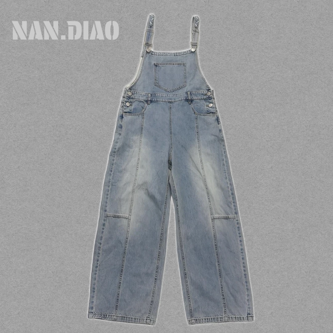 NAN·DIAO新品两侧纽扣宽松休闲直筒牛仔背带裤