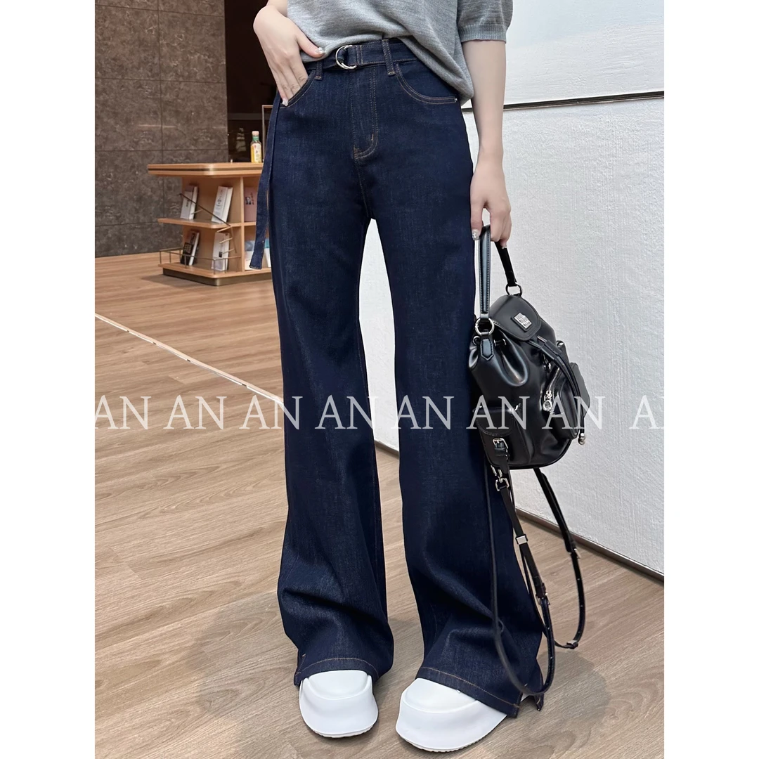 C07205复古时尚INS潮简约显瘦百搭深色高腰微喇牛仔裤