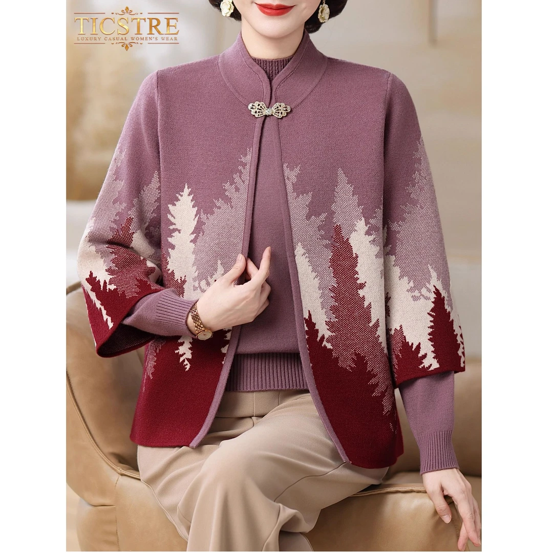 TICSTRE中老年婆婆针织衫女套装秋季高端洋气妈妈休闲毛衣两件套