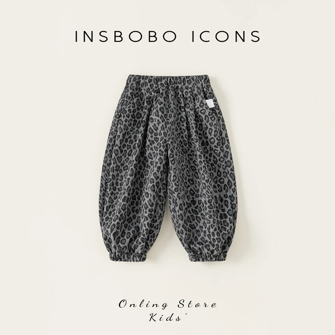 INSbobo儿童满印休闲裤宽松宝宝小童松紧腰豹纹束脚卫裤潮QK85194