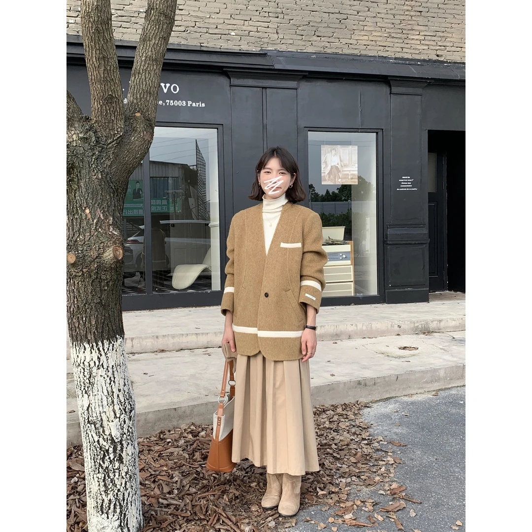 DUCURNO韩版设计感撞色毛呢外套女冬季2025新款时尚拼接宽松大衣