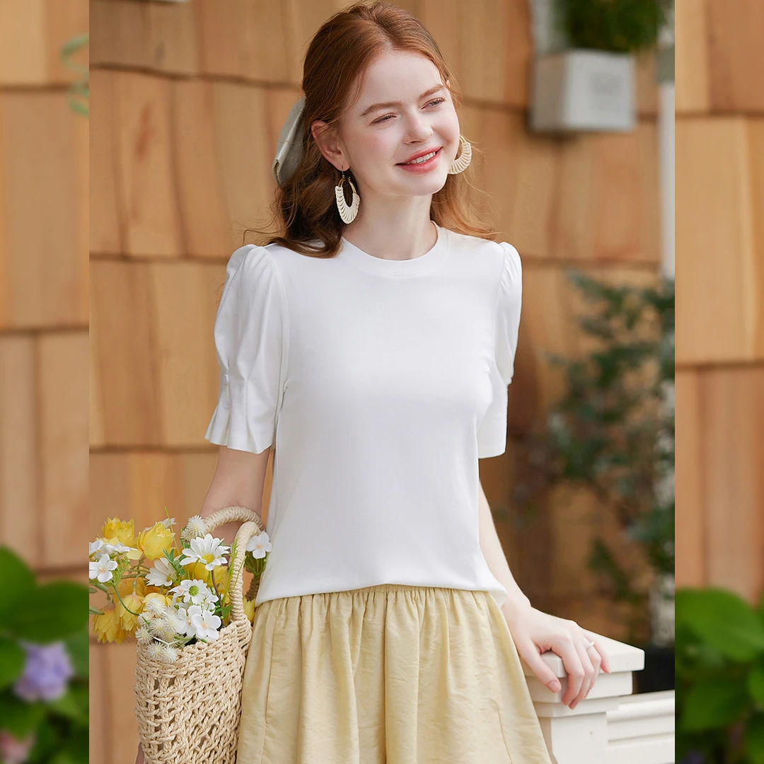 白鹿语【纯色褶皱设计感短袖】夏季新款时尚简约微弹女T恤YU20533