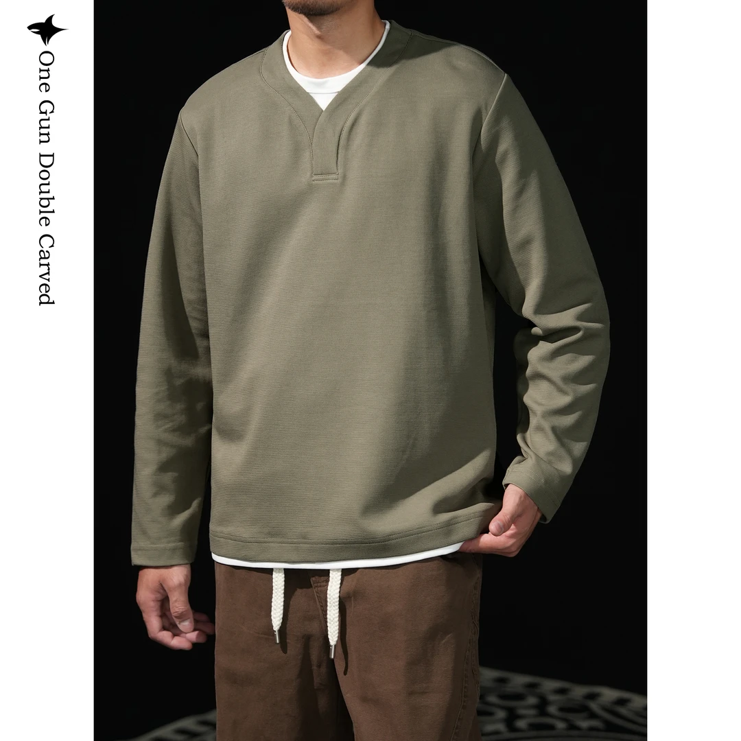 老颜纯色长袖打底秋季肌理感亲肤假两件宽松长袖T恤男透气中国风