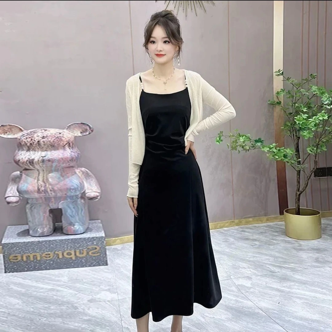 两件套法式黑色连衣裙新款度假夏季高级气质吊带长裙加雪纱披肩