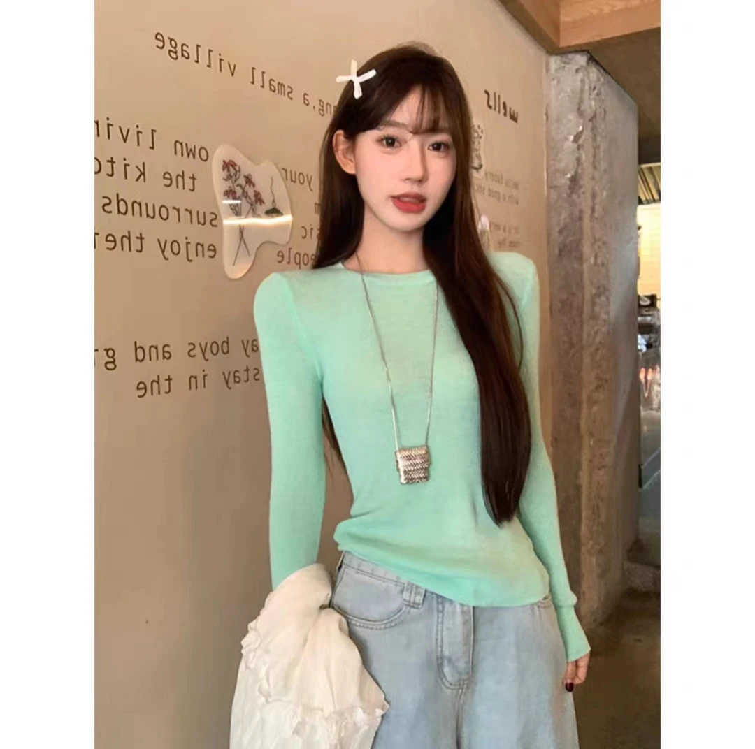 宋正恩浅绿色针织衫2025春季修身显瘦长袖T恤简约百搭上衣ZE7006
