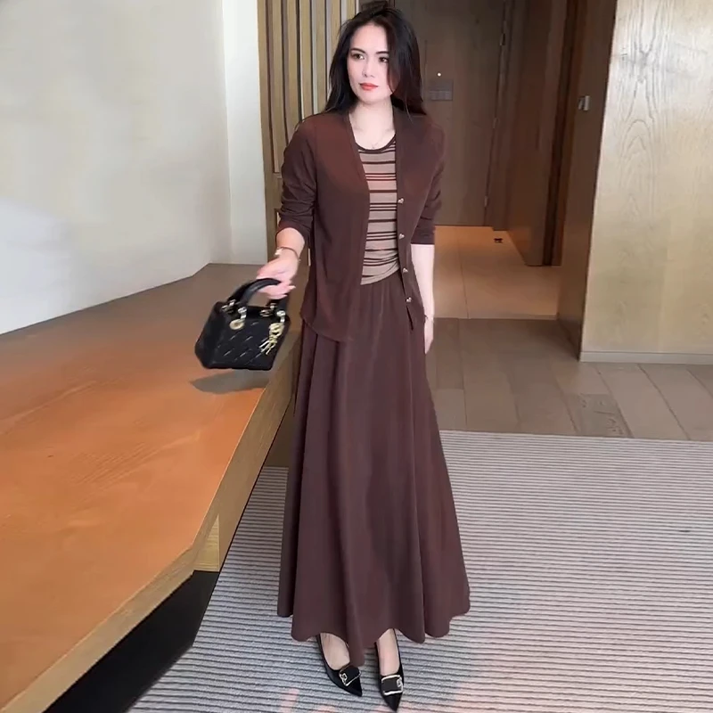 时尚套装裙女2025秋季新款洋气长袖开衫外套半身裙背心百搭三件套