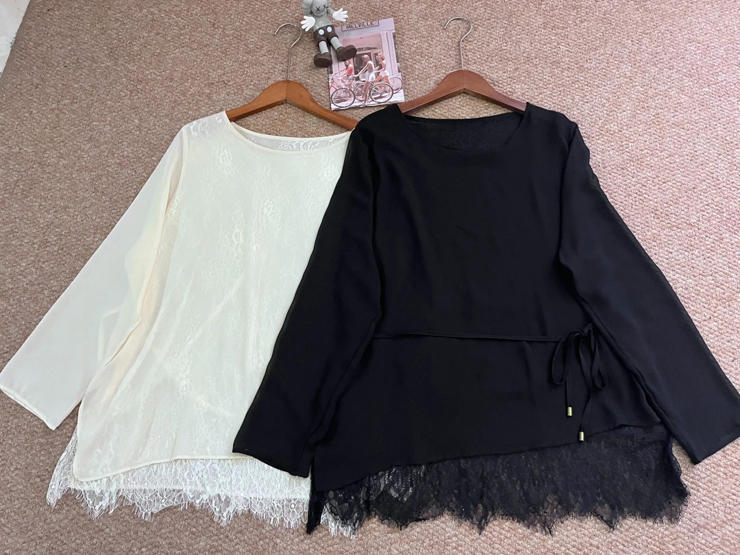 XY&【白茶】新款春季显瘦长袖蕾丝设计款气质时尚上衣#J28-24