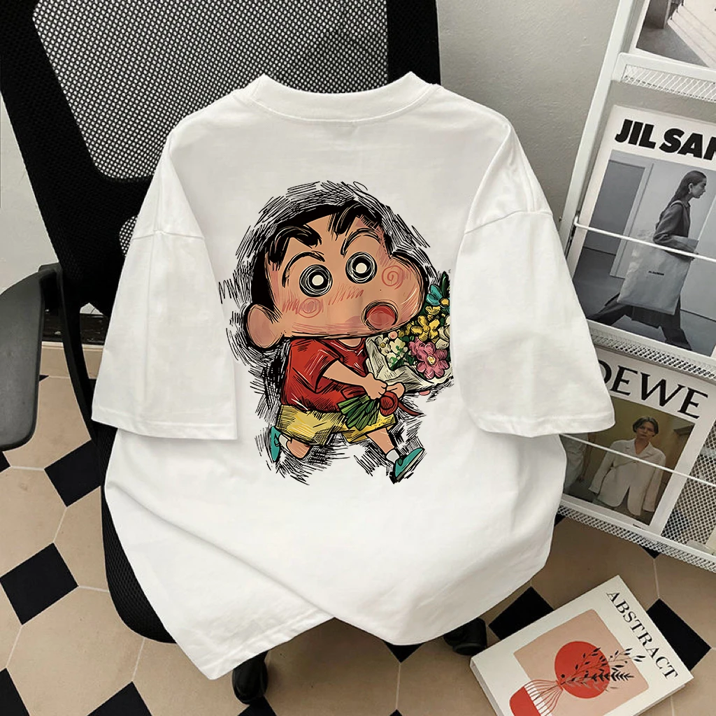 100%重磅纯棉短袖T恤新款鲜花小新印花潮流男女同款宽松夏季上衣