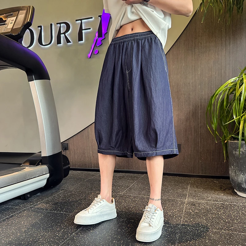 2025夏季五分裤大码休闲裤天丝牛仔色垂感宽松灯笼裤男中裤七分裤