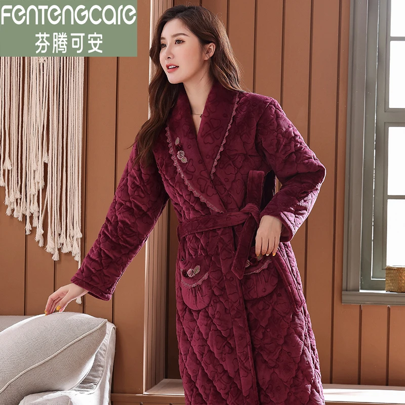 芬腾可安睡袍女士冬季新款三层夹棉加绒加厚冬天保暖长款浴袍冬款