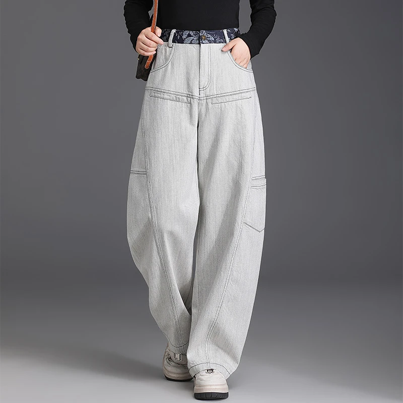 2025新款灰白灯笼裤牛仔裤女春秋大码时尚百搭高腰显瘦哈伦长裤子