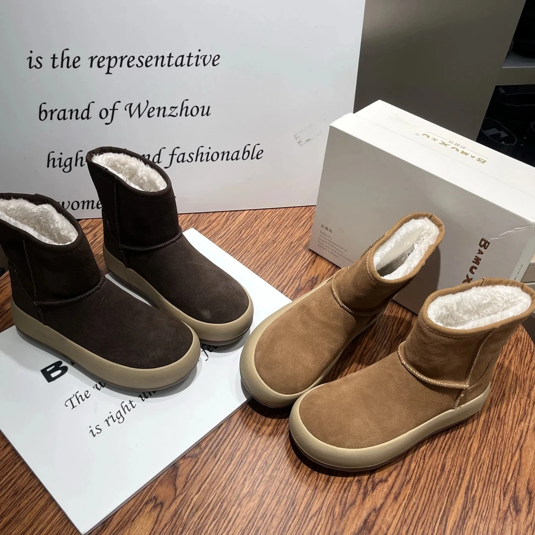 【十六号】芭慕秀欧洲站羔毛翻毛皮短靴加绒圆头复古保暖棉靴-210